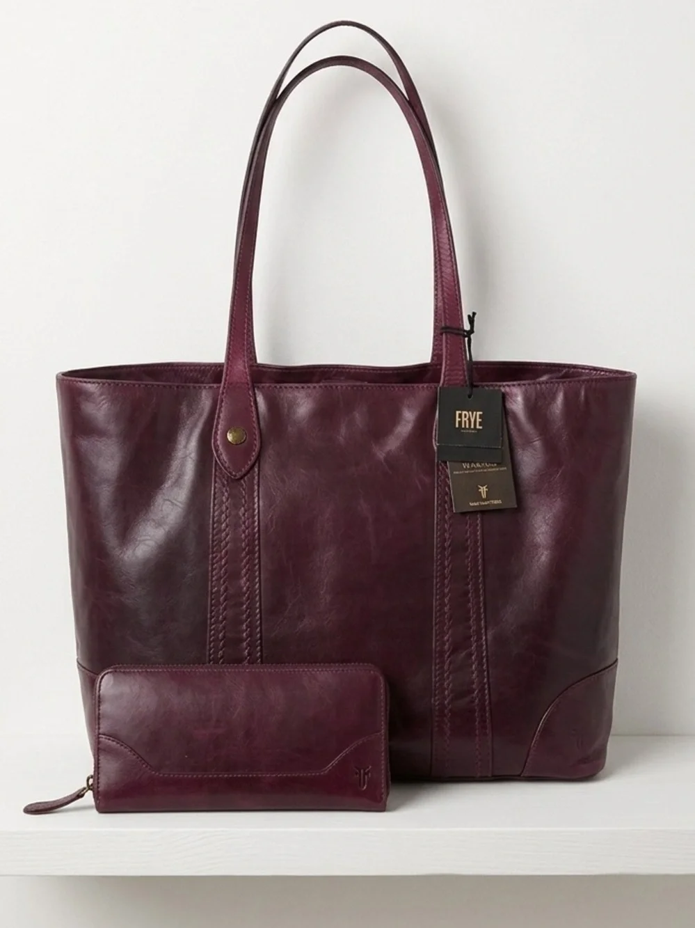 RARE FRYE Concord Purple Leather Shopper Tote Matching Wallet NWT Dustbag